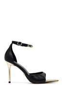 Women's Black Ankle Buckle Thin Heeled Leather Sandals | Derimod