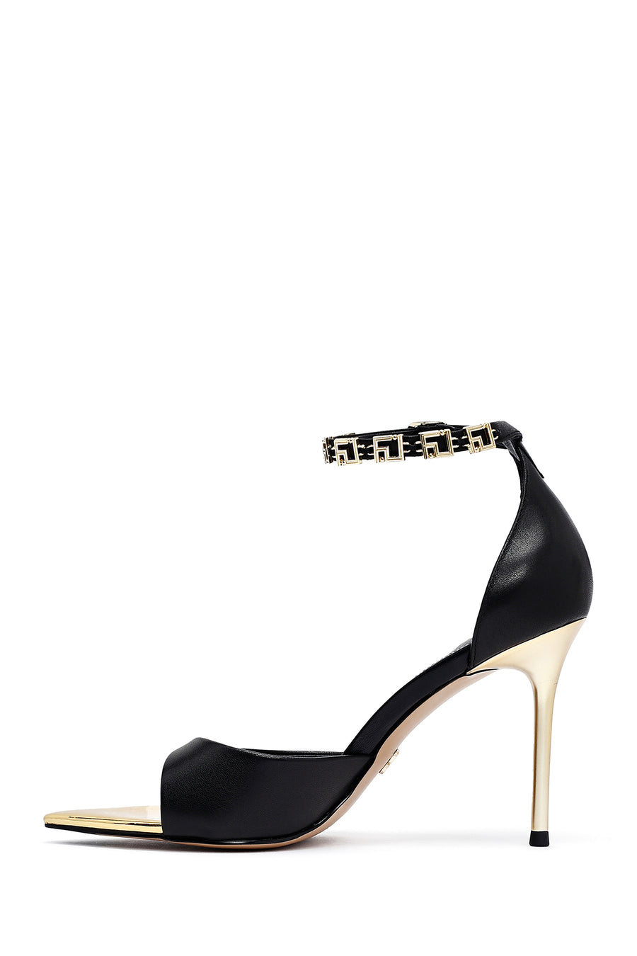 Women's Black Ankle Buckle Thin Heeled Leather Sandals