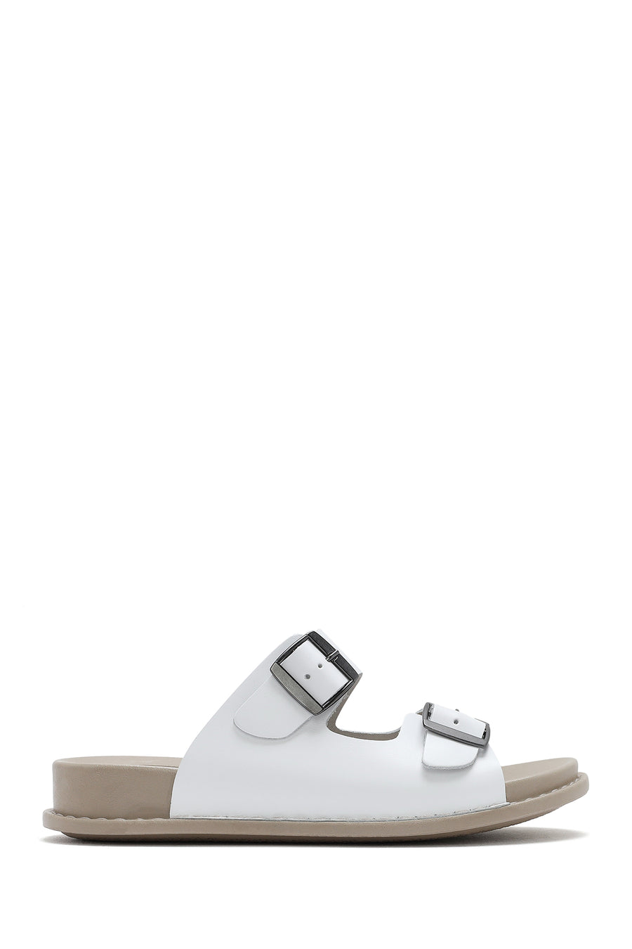 Women's White Double Buckled Leather Comfort Slippers 25SFD500018 | Derimod