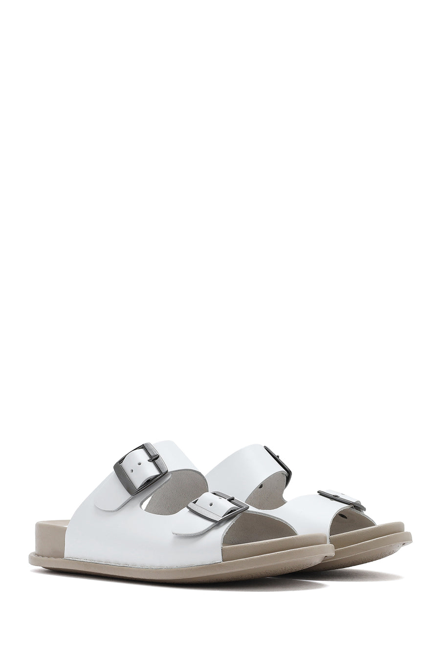 Women's White Double Buckled Leather Comfort Slippers