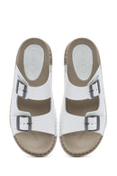 Women's White Double Buckled Leather Comfort Slippers | Derimod