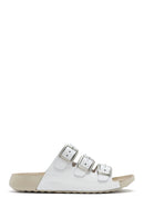Women's White Buckled Leather Comfort Slippers | Derimod