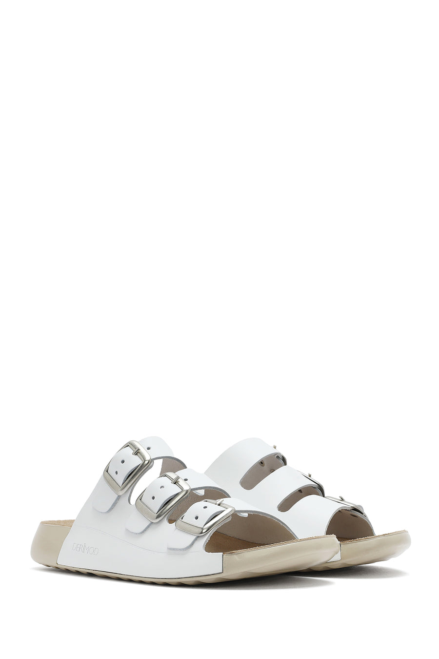 Women's White Buckled Leather Comfort Slippers