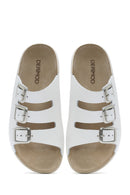 Women's White Buckled Leather Comfort Slippers | Derimod