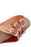 Women's Orange Buckled Metallic Leather Comfort Slippers | Derimod