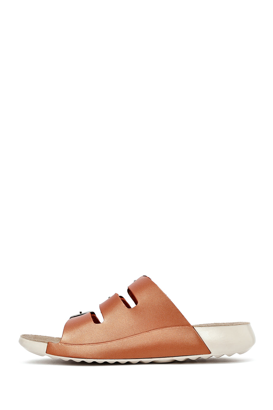 Women's Orange Buckled Metallic Leather Comfort Slippers