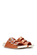 Women's Orange Buckled Metallic Leather Comfort Slippers | Derimod