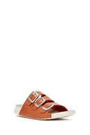 Women's Orange Buckled Metallic Leather Comfort Slippers | Derimod