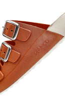 Women's Orange Buckled Metallic Leather Comfort Slippers | Derimod