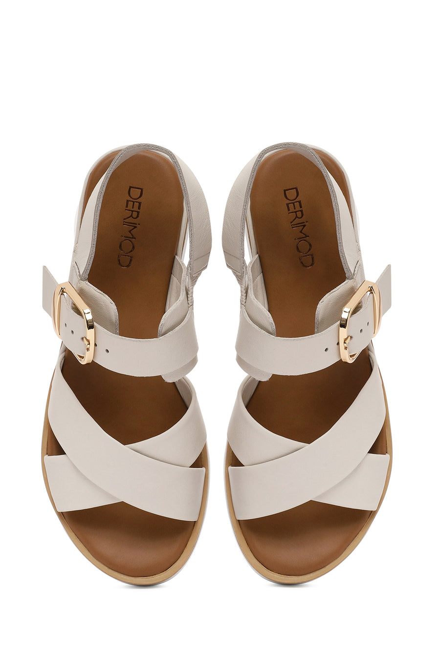 Women's Cream Ankle Buckle Thick Soled Leather Sandals