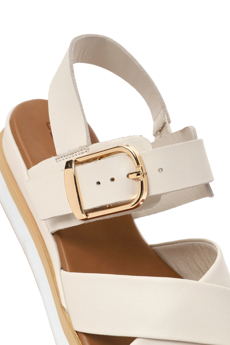 Women's Cream Ankle Buckle Thick Soled Leather Sandals