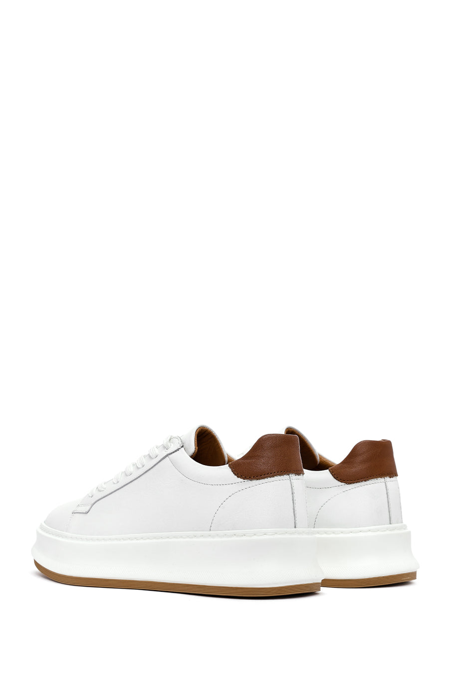 Men's White Lace-up Thick-Sole Leather Sneaker