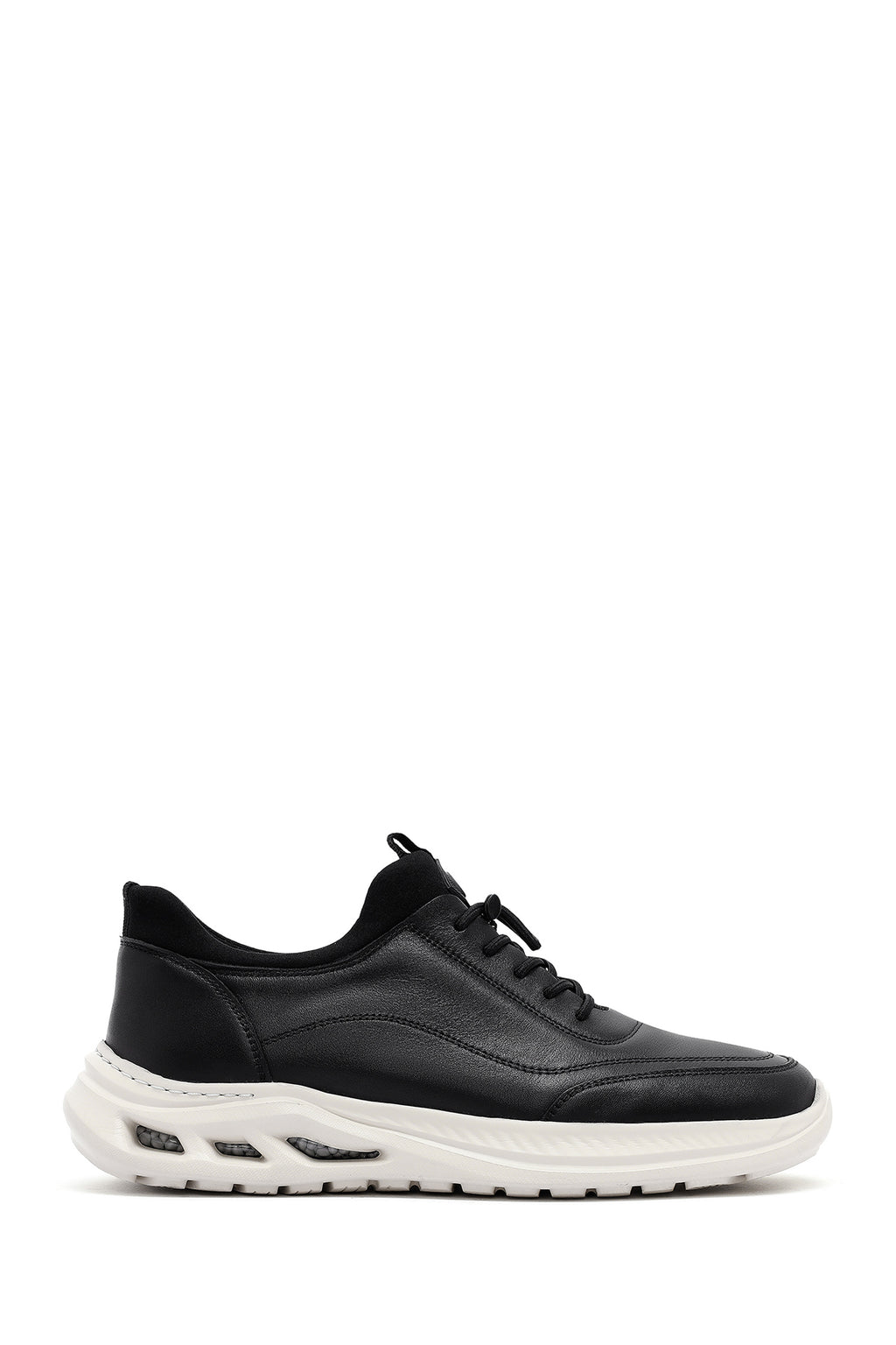 Erkek Siyah Bağcıklı Kalın Tabanlı Deri Sneaker