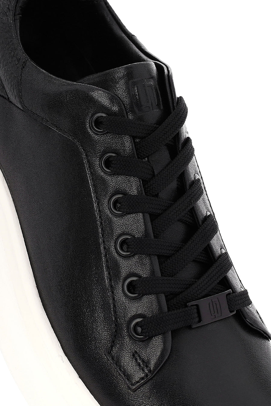 Men's Black Lace-up Thick-Sole Leather Sneaker