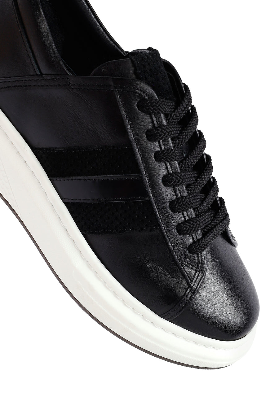 Men's Black Lace-Up Thick Sole Leather Sneakers