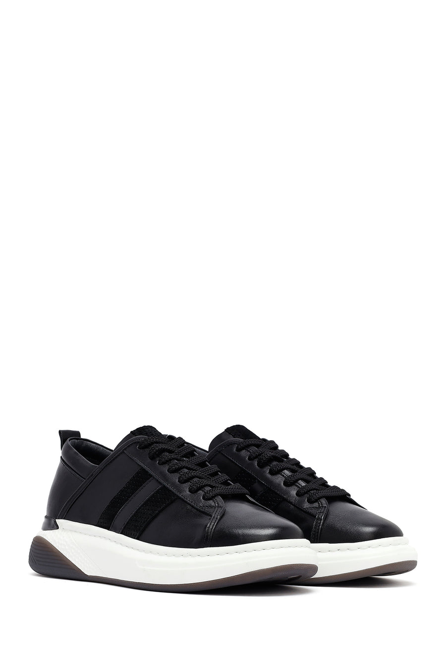 Men's Black Lace-Up Thick Sole Leather Sneakers