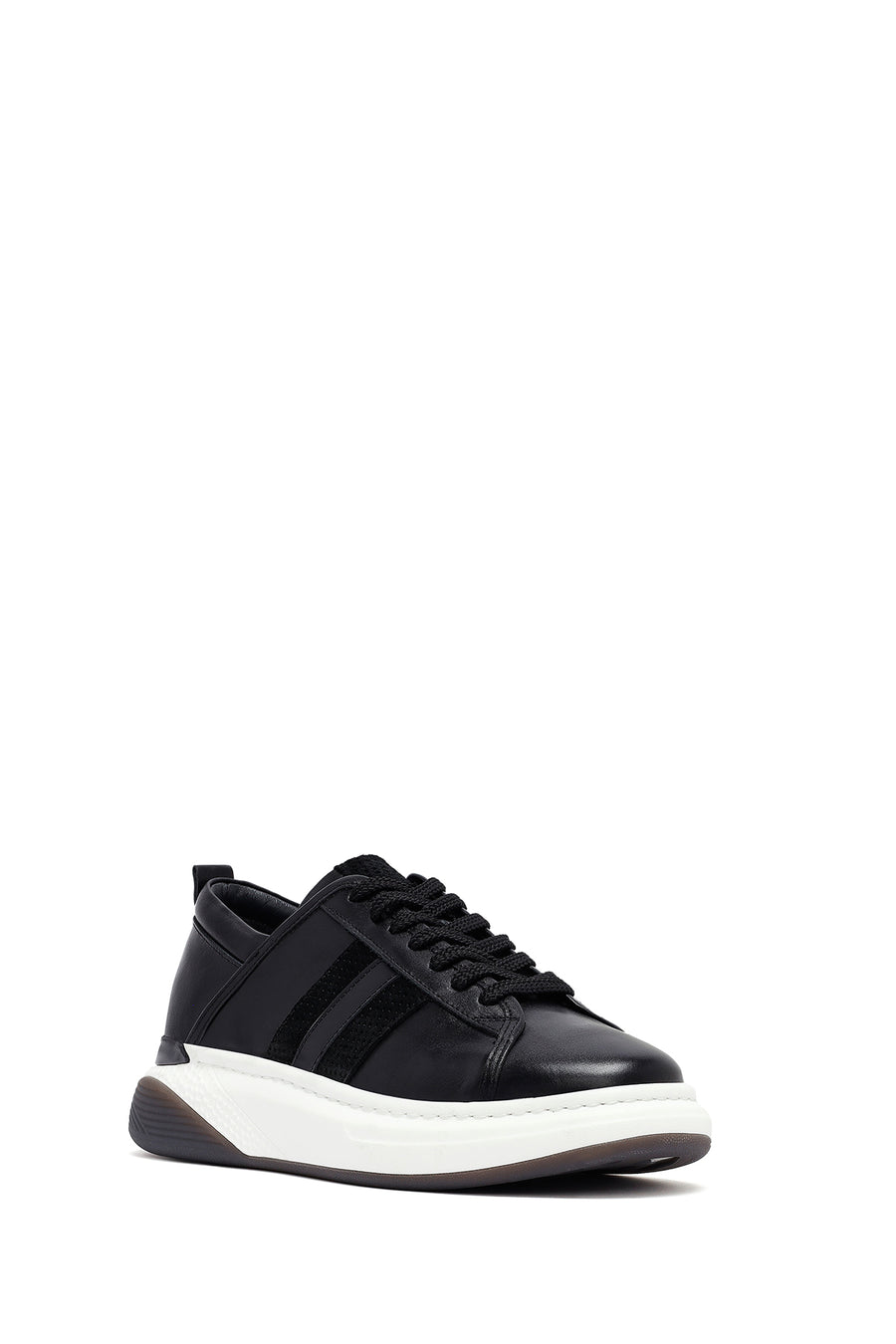 Men's Black Lace-Up Thick Sole Leather Sneakers