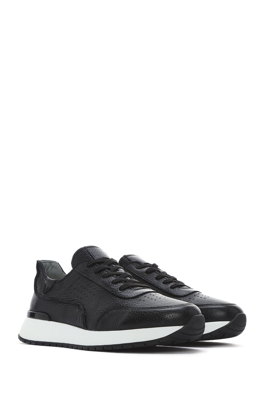 Men's Black Lace-up Thick-Sole Leather Casual Sneaker