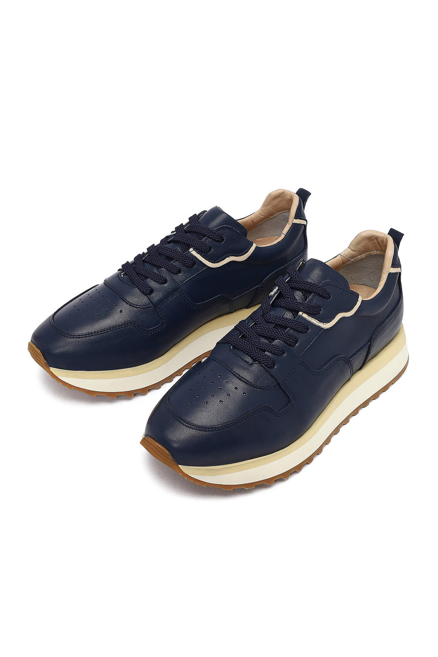 Erkek Lacivert Bağcıklı Kalın Tabanlı Deri Sneaker