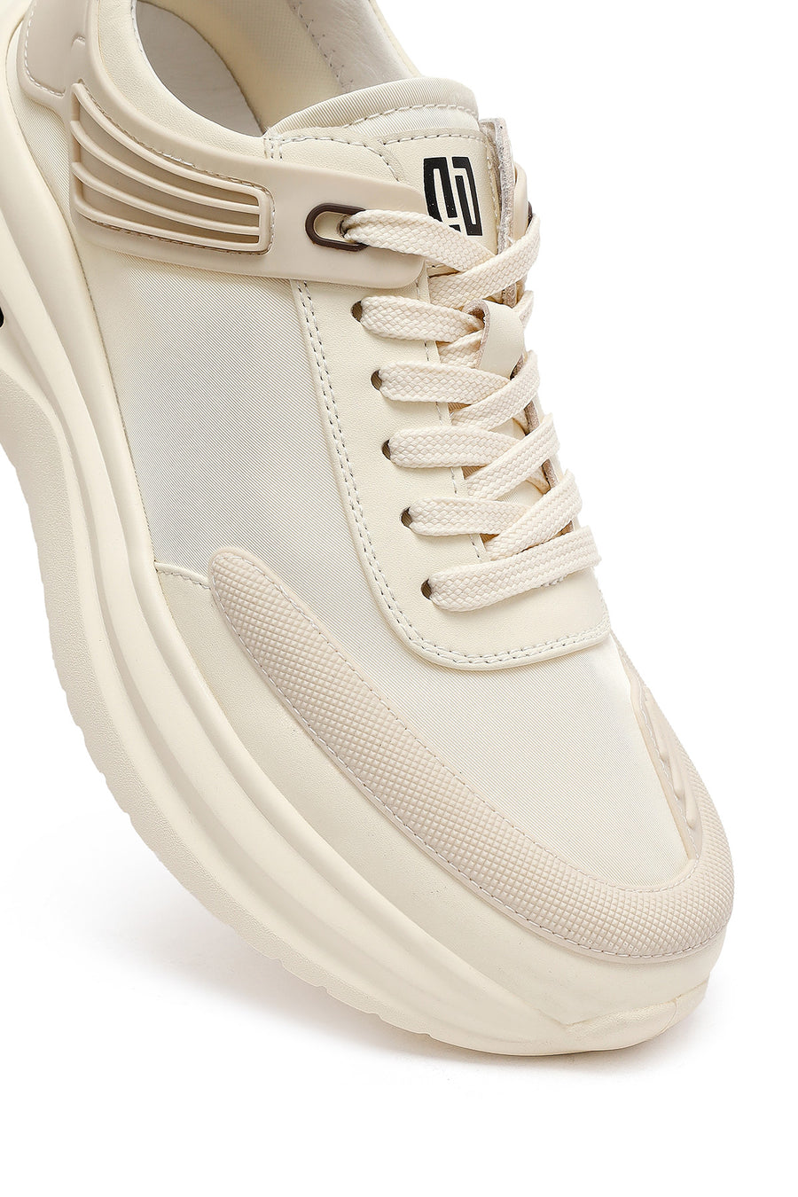 Men's Beige Lace-Up Thick-Sole Fabric Sneakers