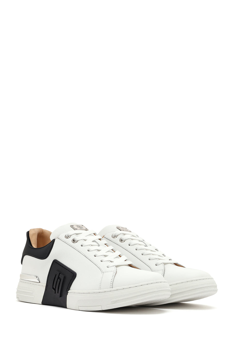 Men's White Lace-up Thick-Sole Leather Sneaker