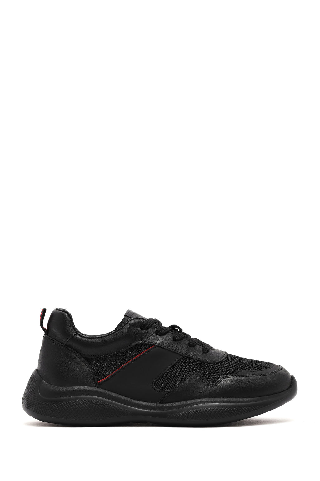 Erkek Siyah Bağcıklı Kalın Tabanlı Deri Casual Sneaker
