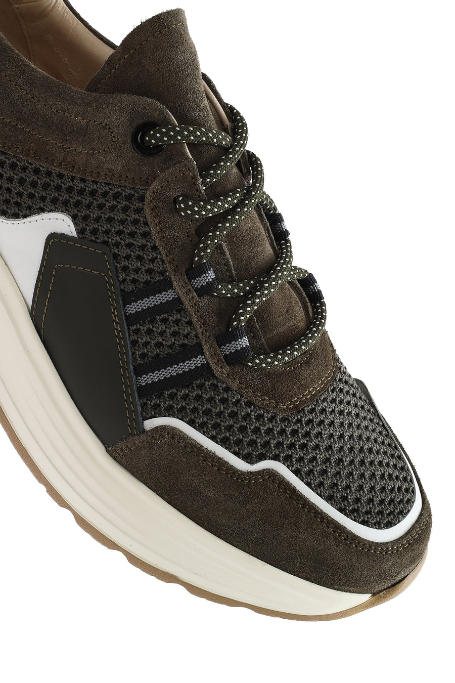 Men's Khaki Lace-up Thick-Sole Leather Sneaker