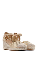 Women's Cream Ankle Buckle Braided Wedge Heel Espadrille Sandals | Derimod