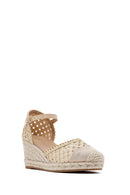 Women's Cream Ankle Buckle Braided Wedge Heel Espadrille Sandals | Derimod