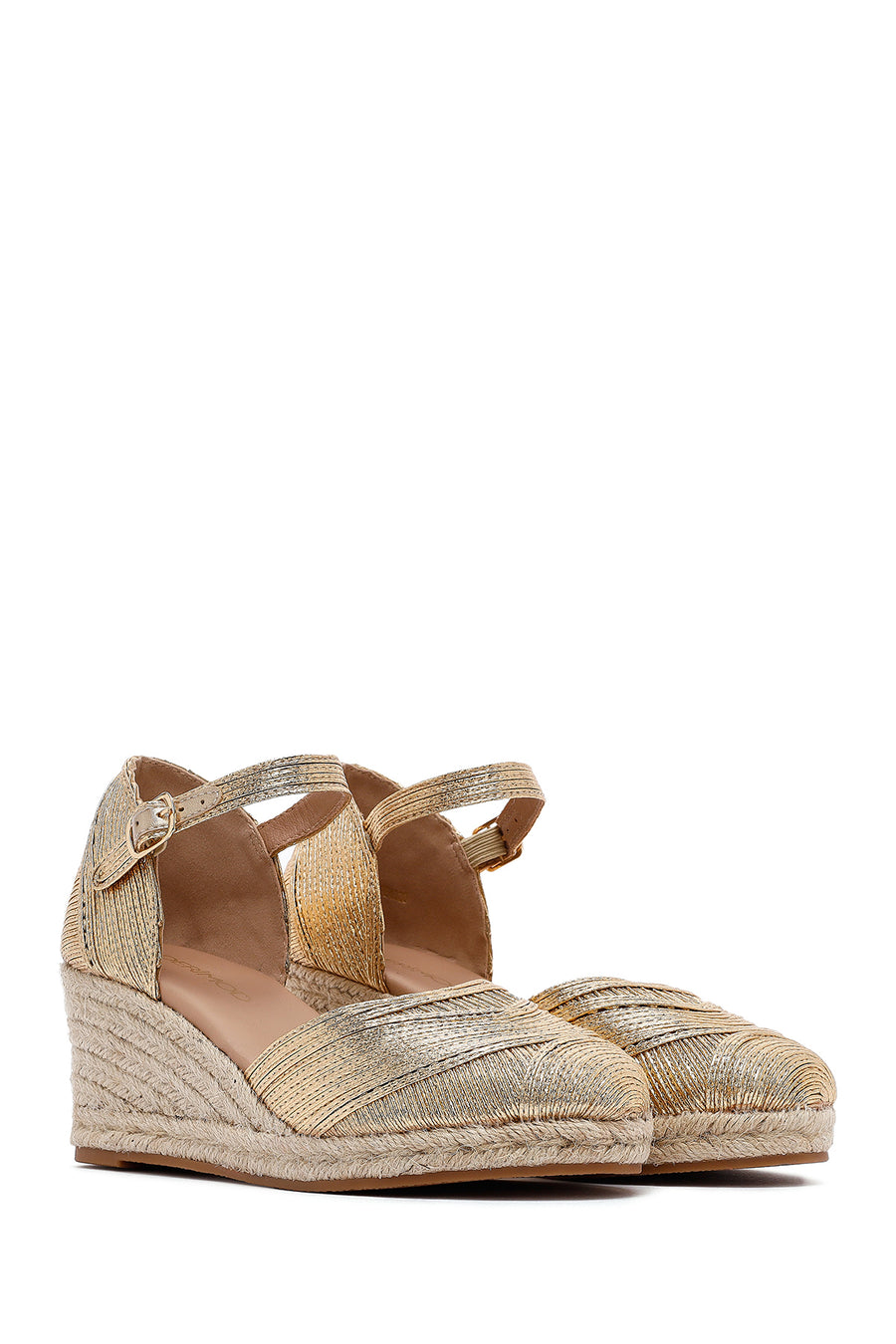 Women's Gold Ankle Buckle Metallic Wedge Heel Espadrilles
