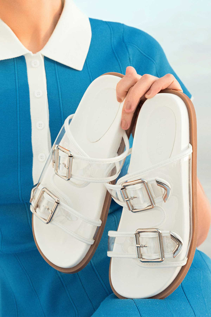 Women's White Double Buckle Slippers 25SFE4511PV | Derimod