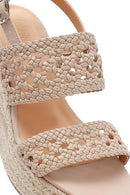 Women's Cream Knitted Ankle Buckle Wedge Heeled Espadrille Sandals | Derimod