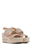 Women's Cream Knitted Ankle Buckle Wedge Heeled Espadrille Sandals | Derimod