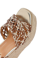 Women's Gold Ankle Buckle Platform Heel Woven Sandals | Derimod