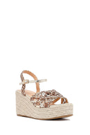 Women's Gold Ankle Buckle Platform Heel Woven Sandals | Derimod