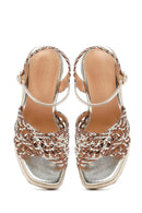 Women's Gold Ankle Buckle Platform Heel Woven Sandals | Derimod