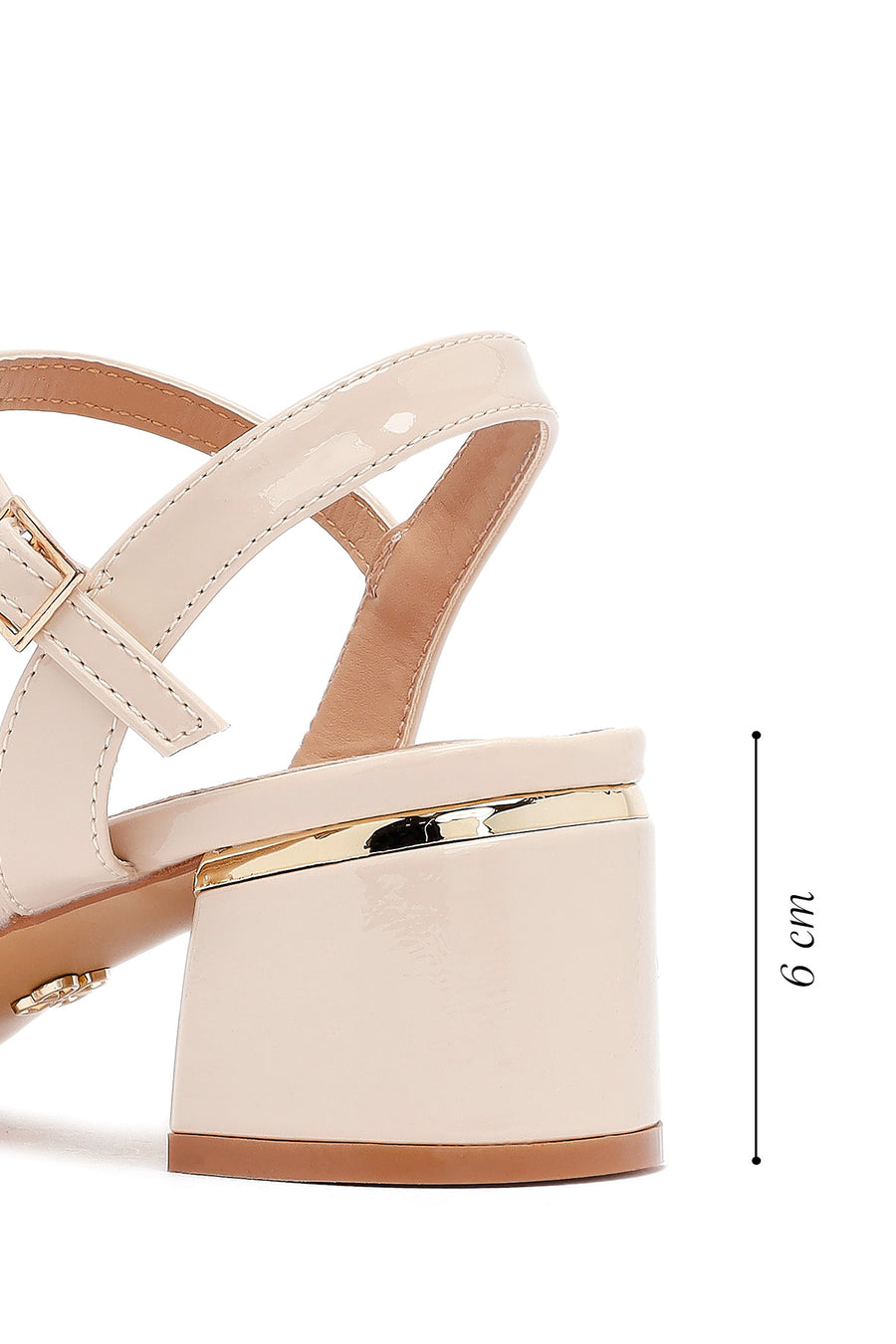 Women's Beige Ankle Buckle Thick Patent Leather Heeled Sandals
