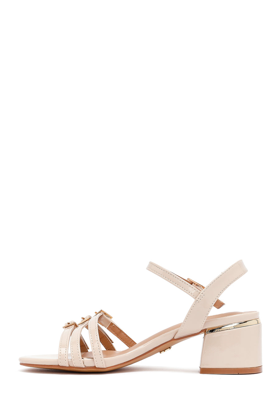 Women's Beige Ankle Buckle Thick Patent Leather Heeled Sandals