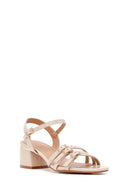 Women's Beige Ankle Buckle Thick Patent Leather Heeled Sandals | Derimod