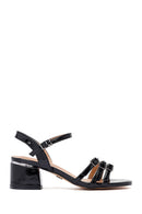Women's Black Ankle Buckle Thick Patent Leather Heeled Sandals | Derimod
