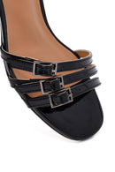 Women's Black Ankle Buckle Thick Patent Leather Heeled Sandals | Derimod