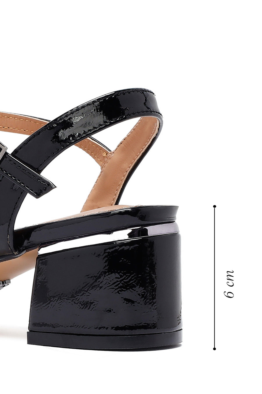 Women's Black Ankle Buckle Thick Patent Leather Heeled Sandals