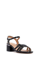Women's Black Ankle Buckle Thick Patent Leather Heeled Sandals | Derimod