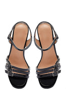 Women's Black Ankle Buckle Thick Patent Leather Heeled Sandals | Derimod