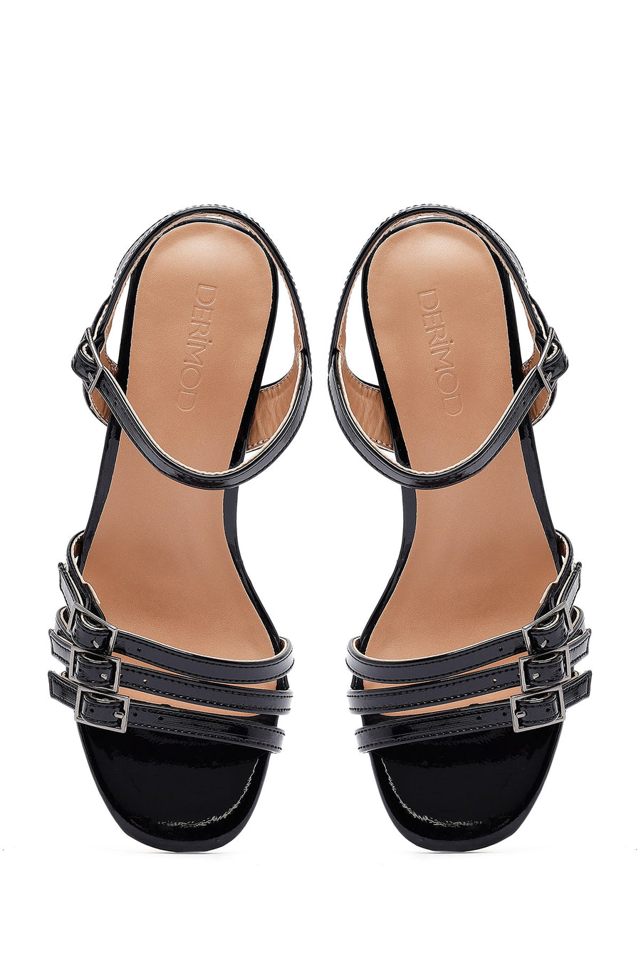 Women's Black Ankle Buckle Thick Patent Leather Heeled Sandals