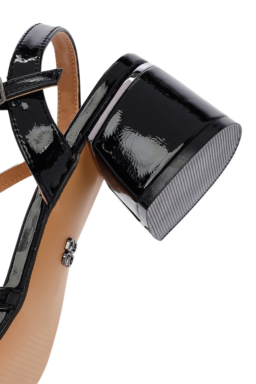 Women's Black Ankle Buckle Thick Patent Leather Heeled Sandals