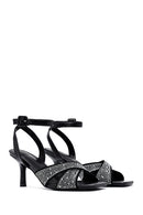 Women's Black Ankle Buckle Stoned Thin Heel Sandals | Derimod