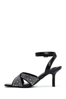 Women's Black Ankle Buckle Stoned Thin Heel Sandals | Derimod