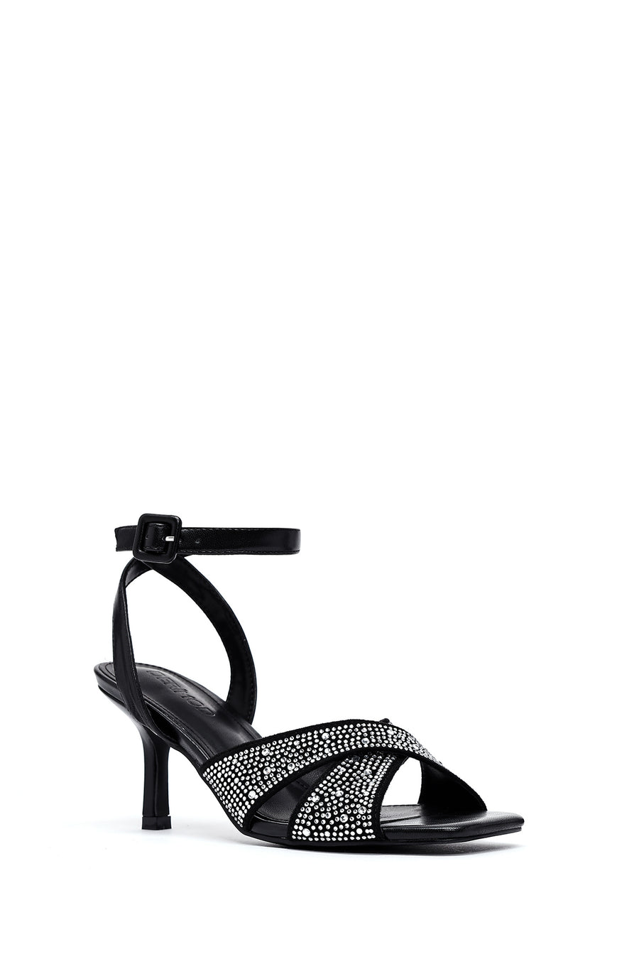 Women's Black Ankle Buckle Stoned Thin Heel Sandals