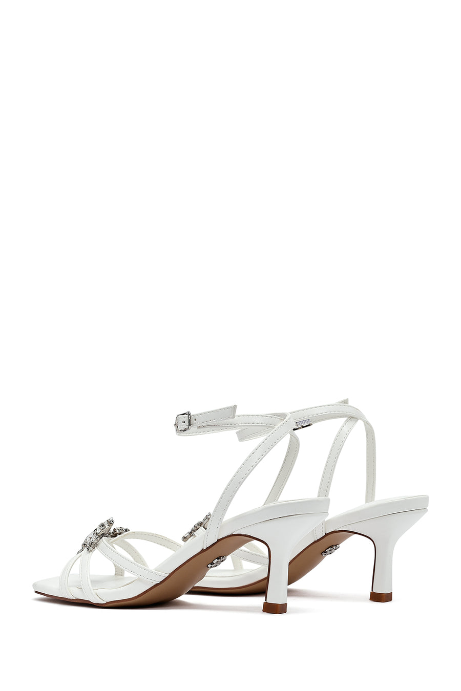 Women's White Ankle Buckle Stoned Thin Short Heeled Sandals